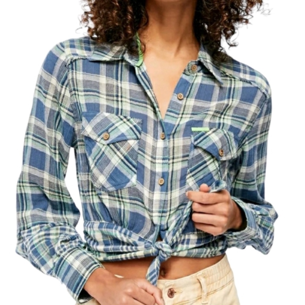 New Free People Plaid Chambray Combo Tie Front Top Cotton Blend size Large